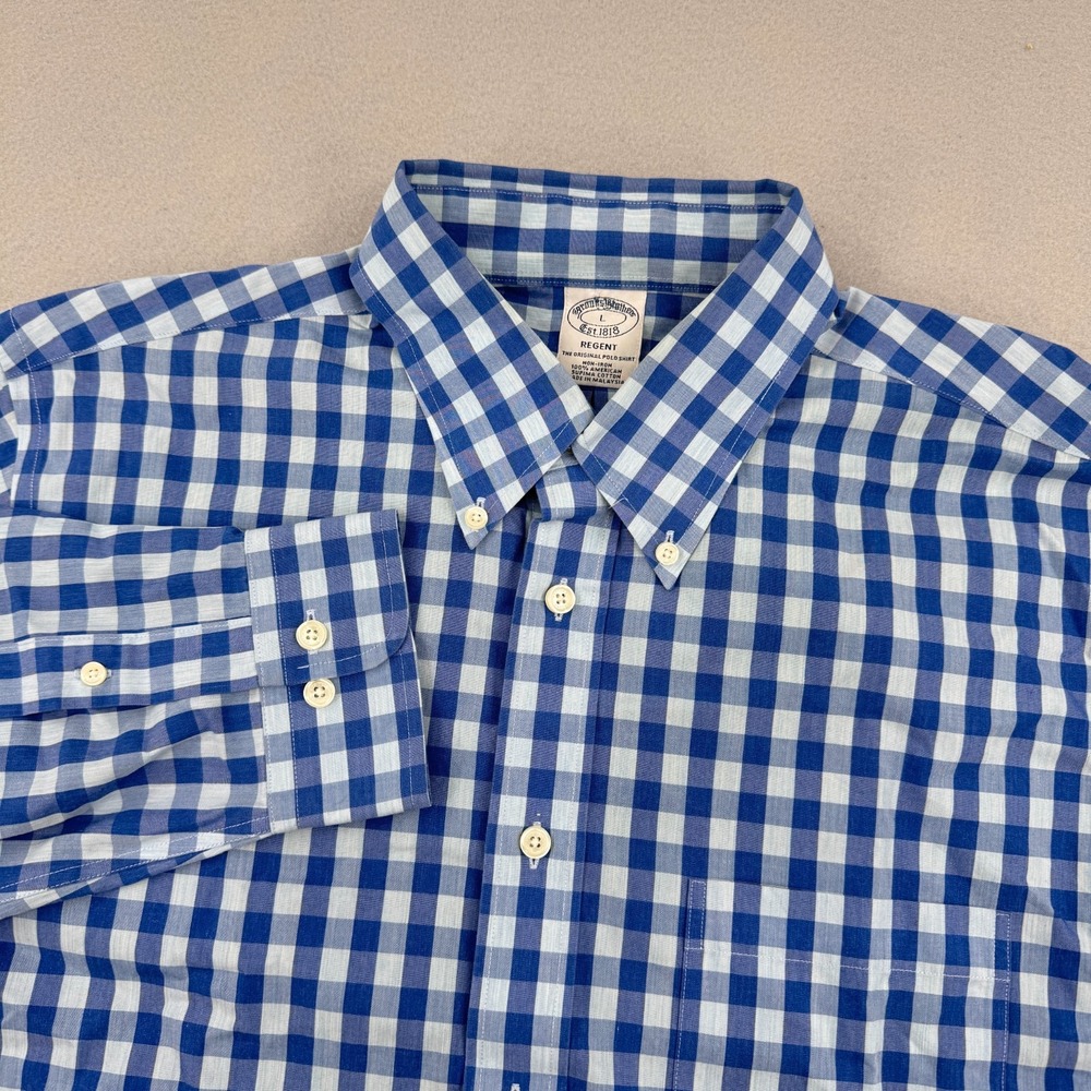 Brooks Brothers Regent Fit Long Sleeve Button Down Mens L Blue Checkered Gingham